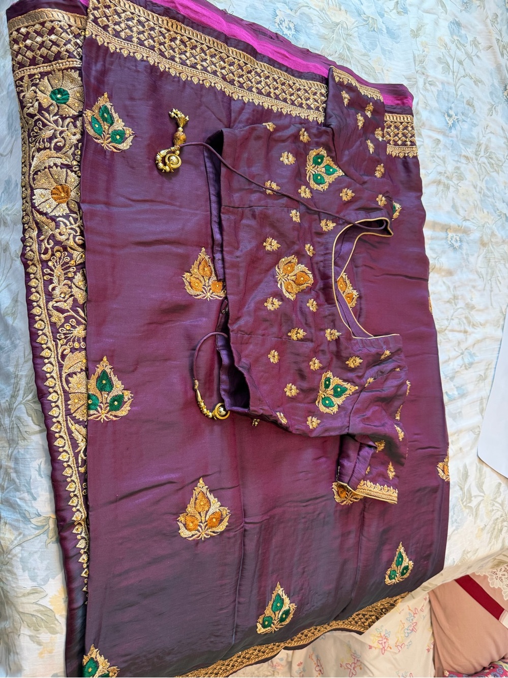 Embroidered Plum Saree with Green and Gold Accents ready blouse